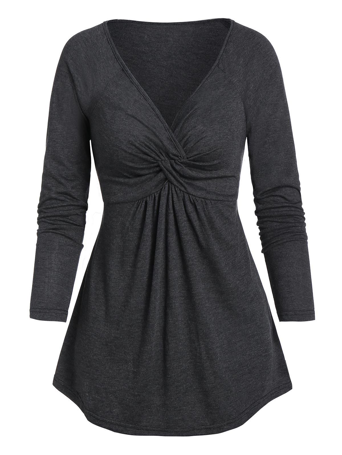 

Twist Front Plunge Neck Raglan Sleeve T-shirt, Dark gray