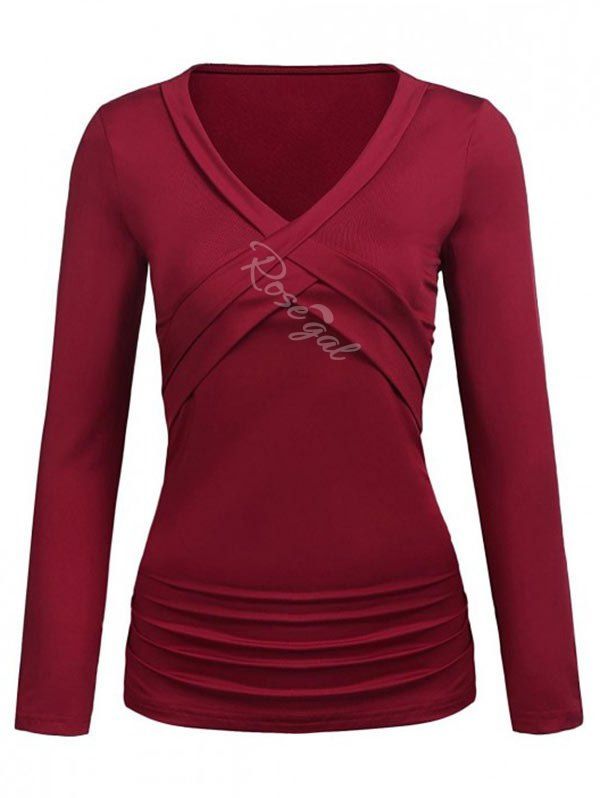 

Plus Size Crossover Ruched T Shirt, Red wine