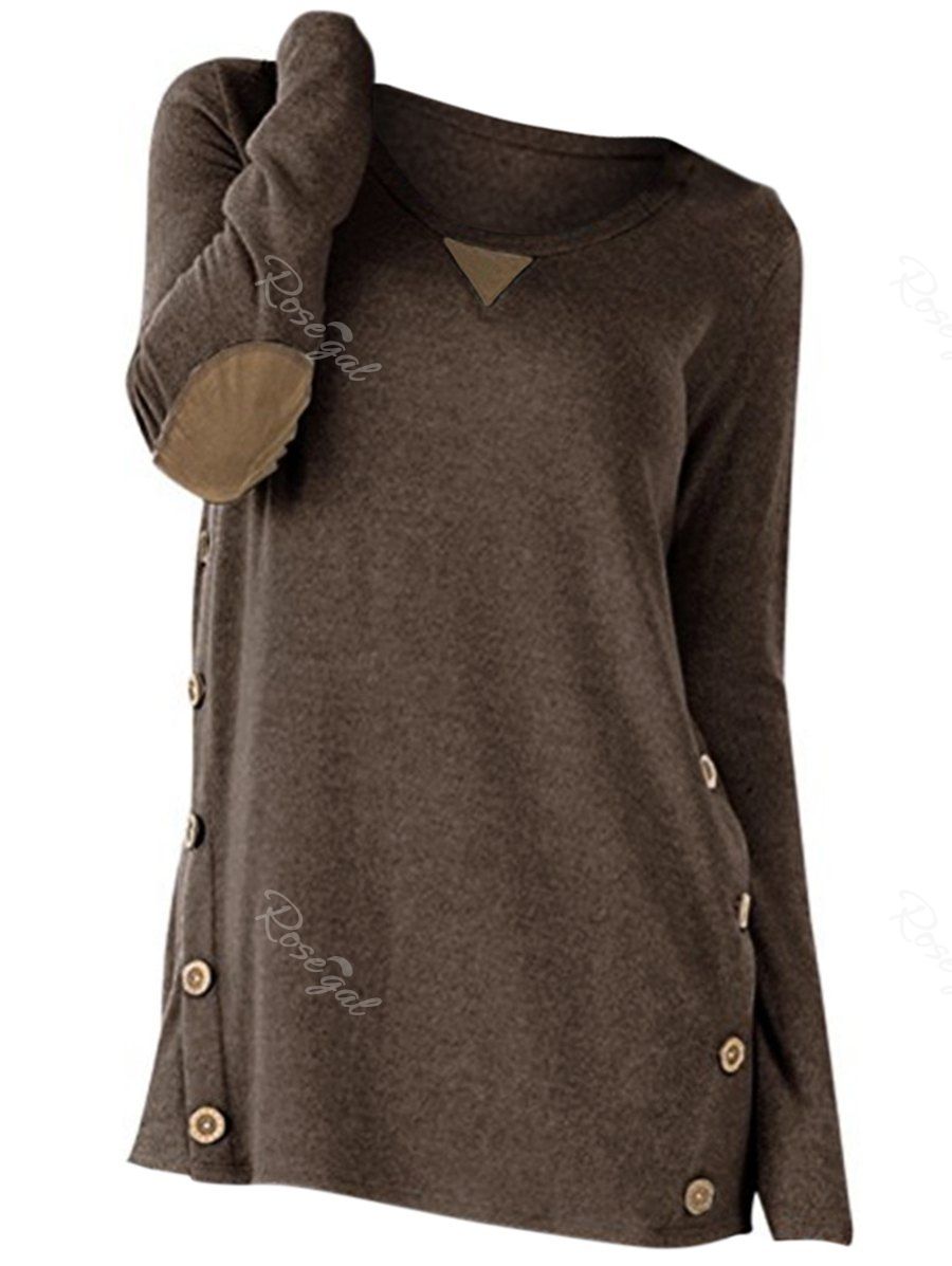 

Plus Size Buttons Heathered Elbow Patch T Shirt, Puce