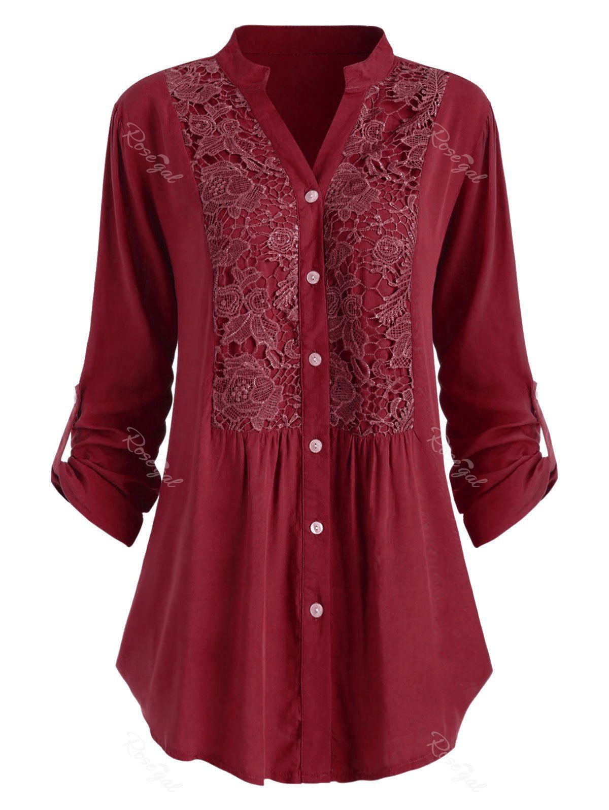 

Plus Size Roll Up Sleeve Lace Crochet Shirt, Red wine