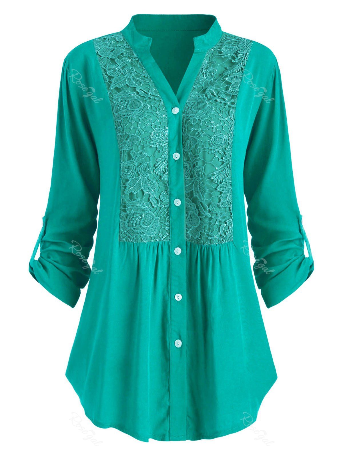

Plus Size Roll Up Sleeve Lace Crochet Shirt, Macaw blue green
