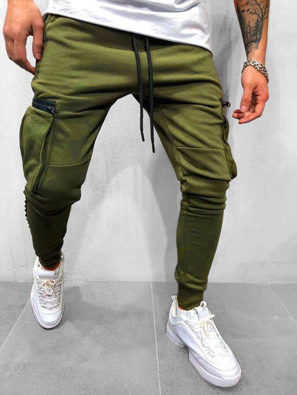 

Solid Side Zipper Plocket Drawstring Sport Jogger Pants, Army green