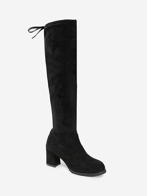 

String Round Toe Chunky Heel Boots, Black