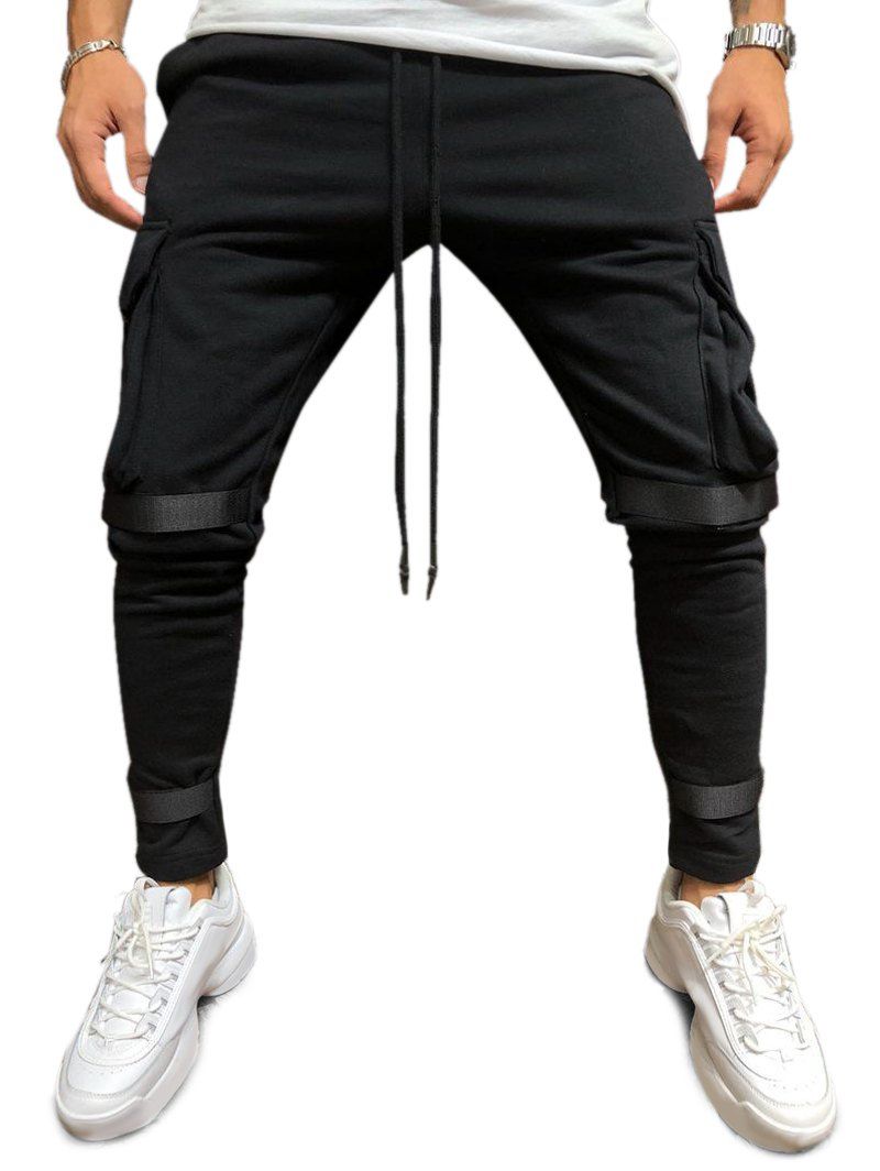 

Solid Ribbon Side Flap Pocket Long Sport Pants, Black