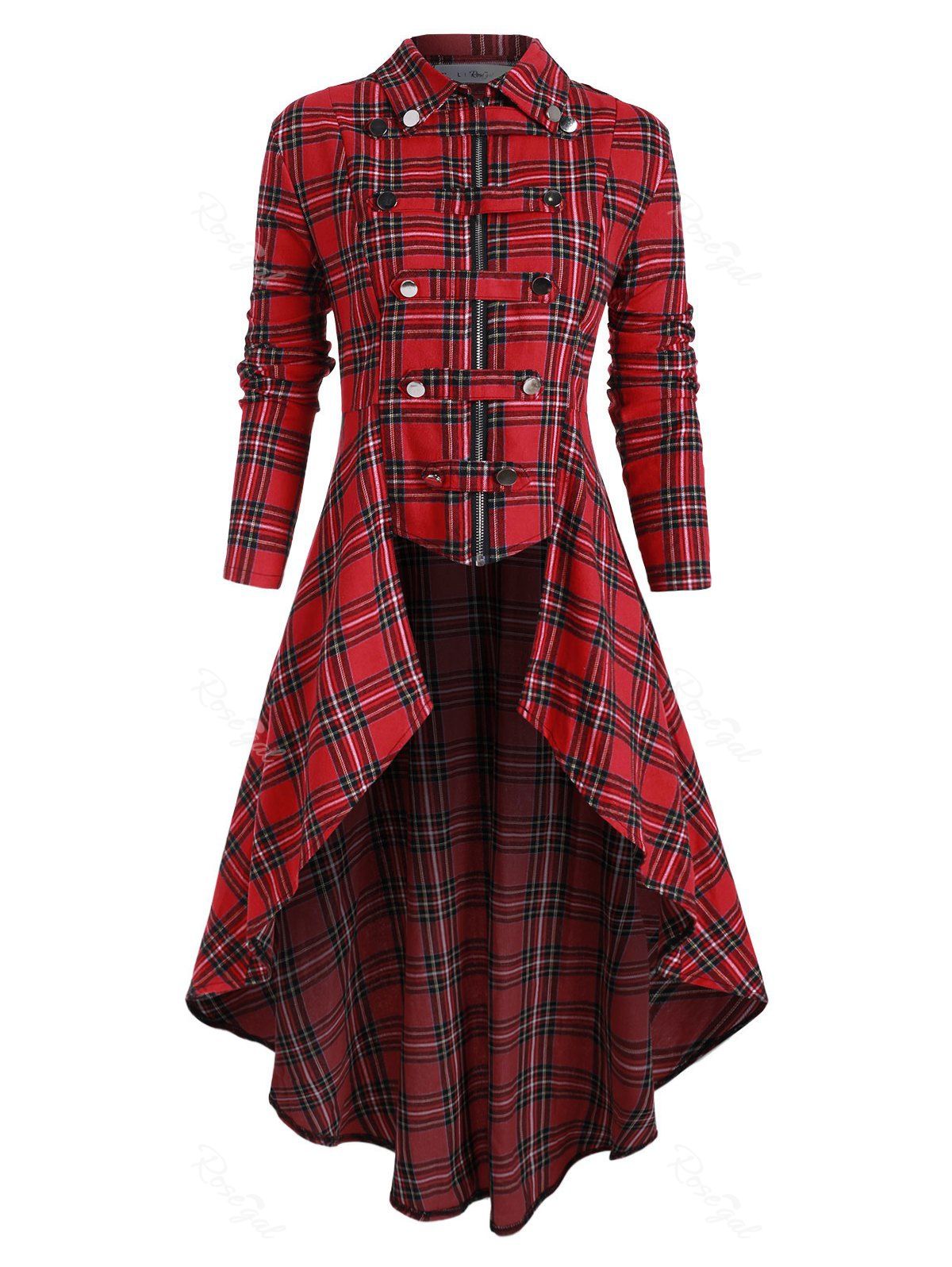 

Plus Size Buckle Plaid High Low Skirted Coat, Red