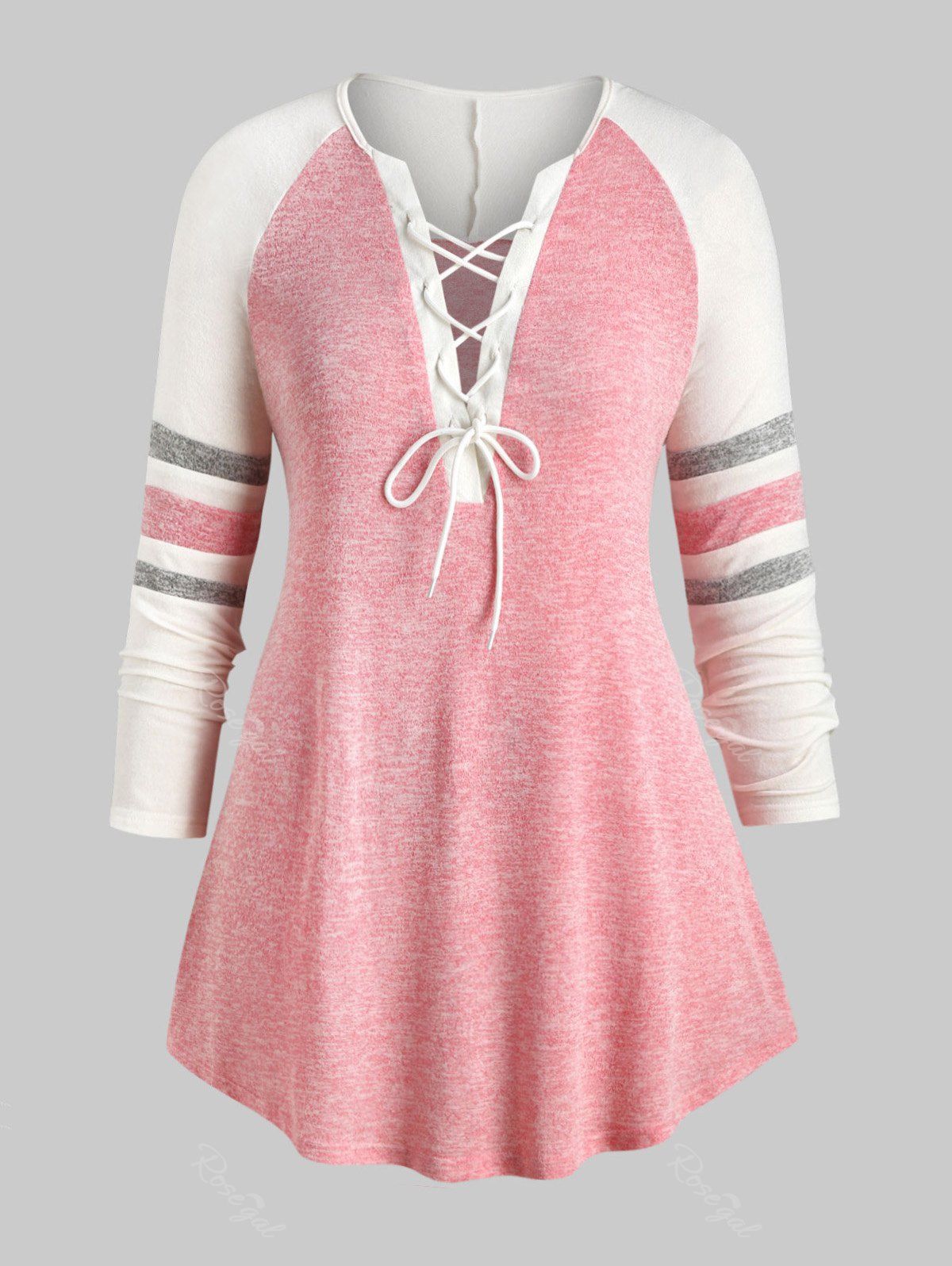 

Plus Size Lace Up Heathered Striped V Neck Tee, Pink