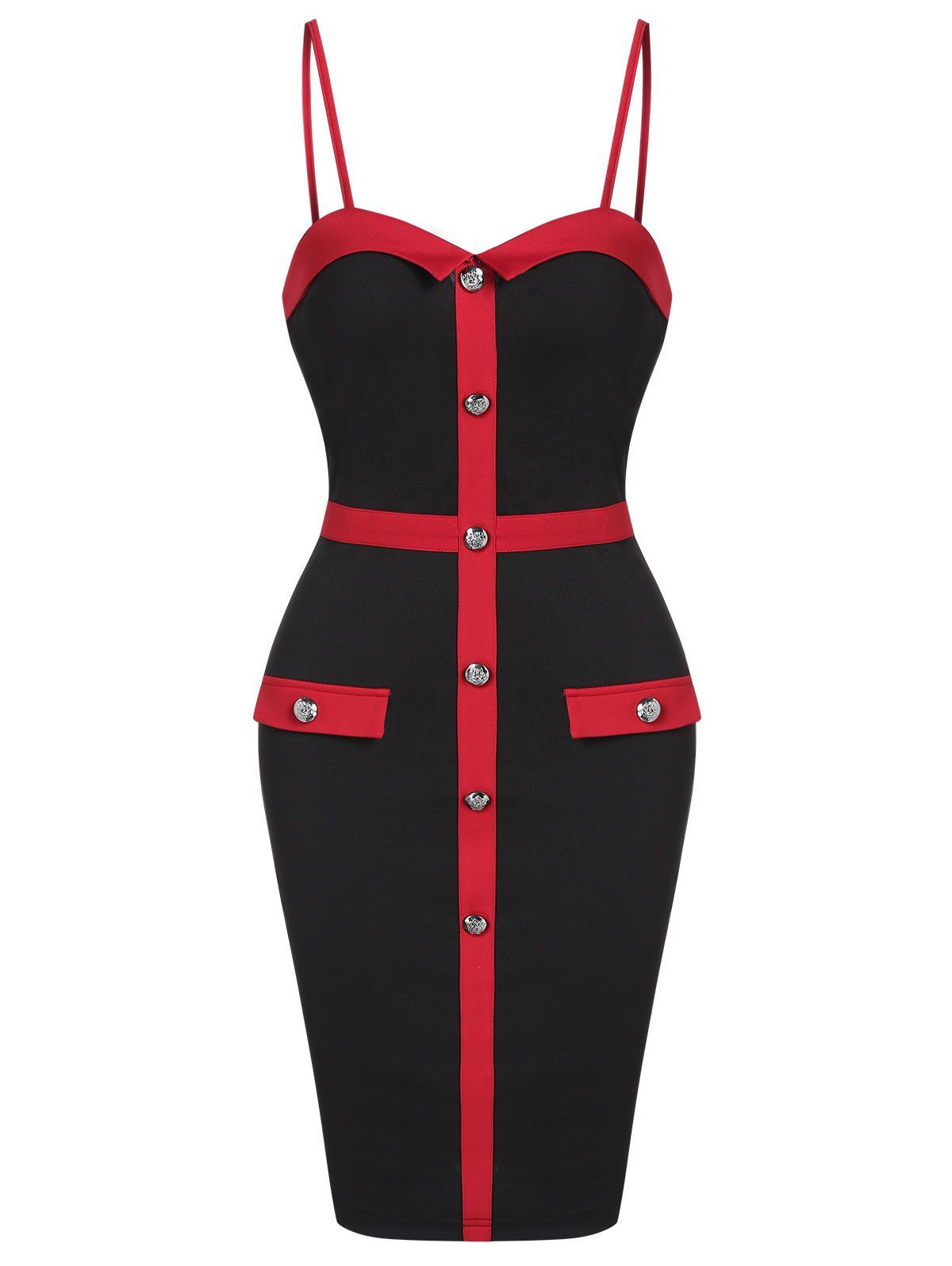 

Spaghetti Strap Contrast Button Bodycon Dress, Black