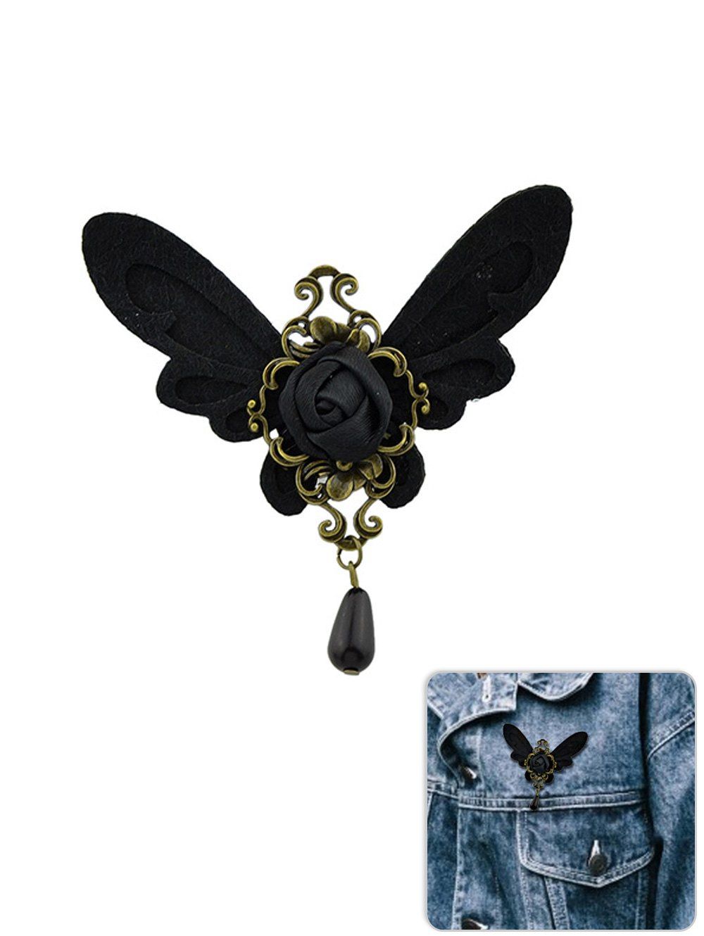 

Baroque Butterfly Flower Water Drop Brooch, Black