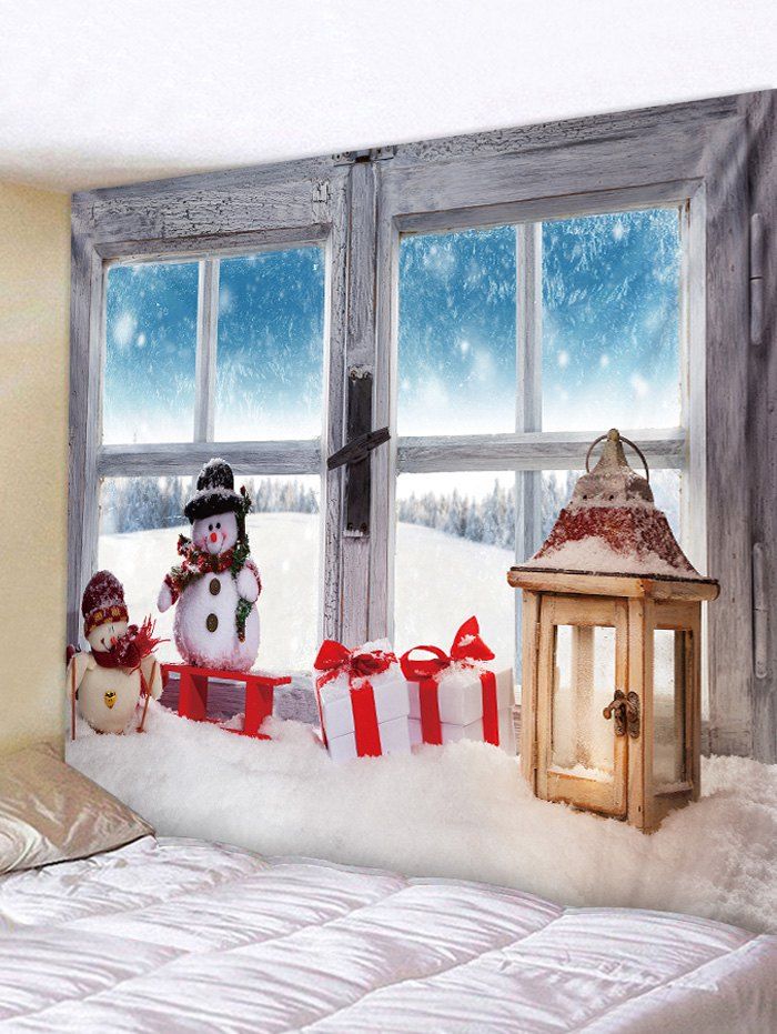

Christmas Snowman Window Pattern Tapestry, Deep sky blue