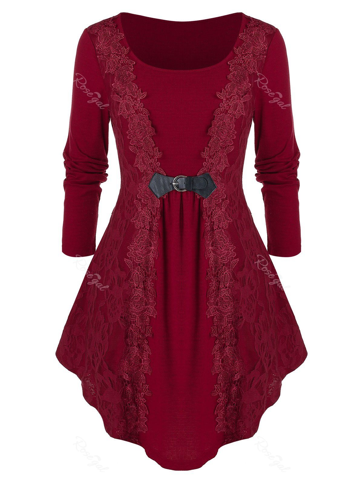 

Plus Size Solid Applique Tunic T Shirt, Red wine