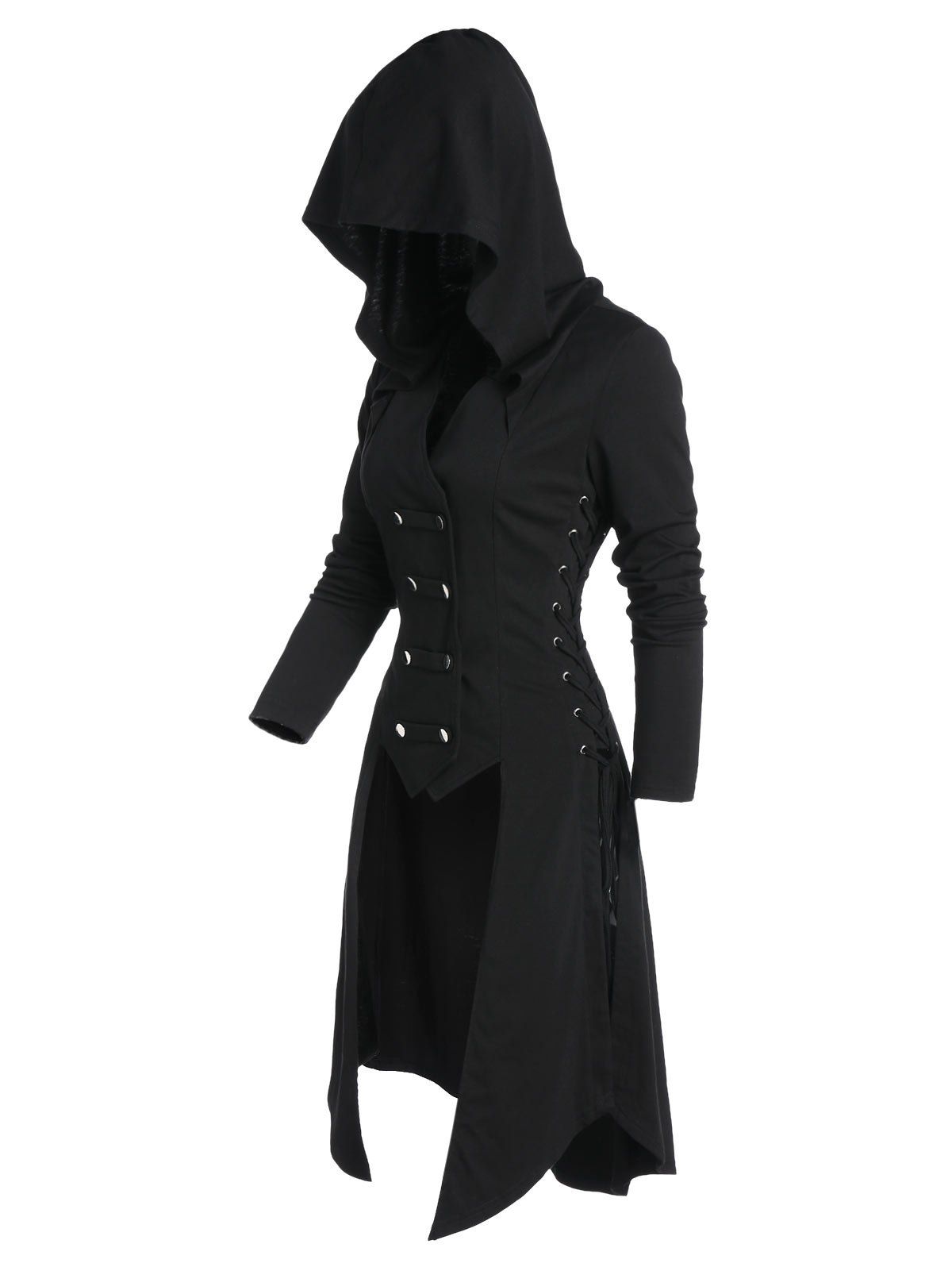 

Hooded Button Up Lace-up High Low Steampunk Coat, Black