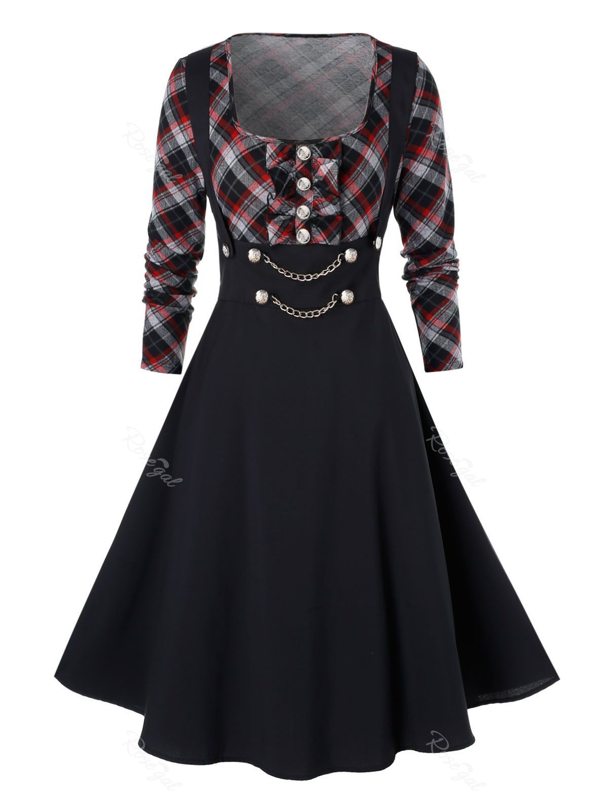 

Plus Size High Waist Checked Panel Fit And Flare Dress, Black