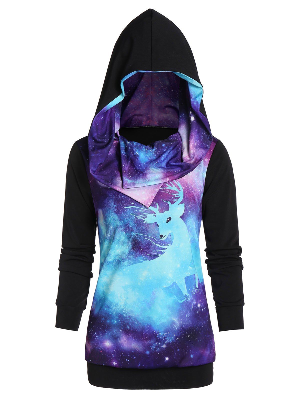 

Elk Print Long Sleeve Tunic Hoodie, Black