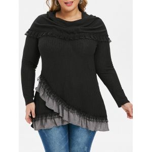 

Plus Size Cowl Neck Lace Trim Ruffles Knitwear, White