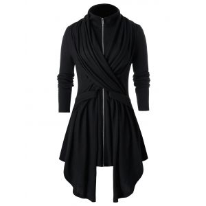 

Plus Size Zipper Fly Pleated Asymmetric Coat, Black