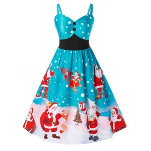 

Plus Size Christmas Santa Claus Print Vintage Party Dress, Silk blue