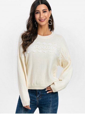 

Guipure Panel Drop Shoulder Pullover Sweater, White