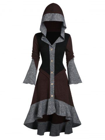 Hooded Contrast Ribbed Button Up High Low Cardigan