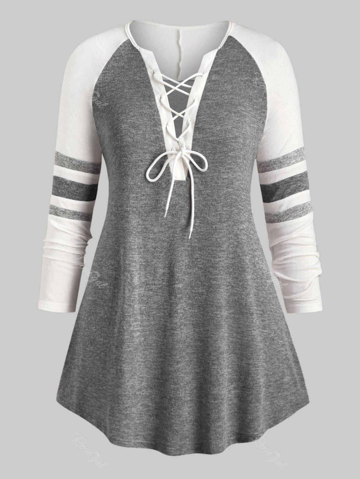 

Plus Size Lace Up Heathered Striped V Neck Tee, Gray