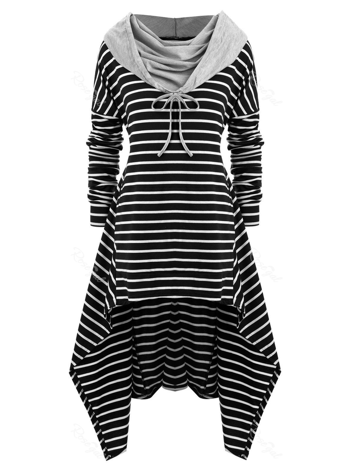 

Plus Size Striped High Low Front Pocket Hoodie, Black