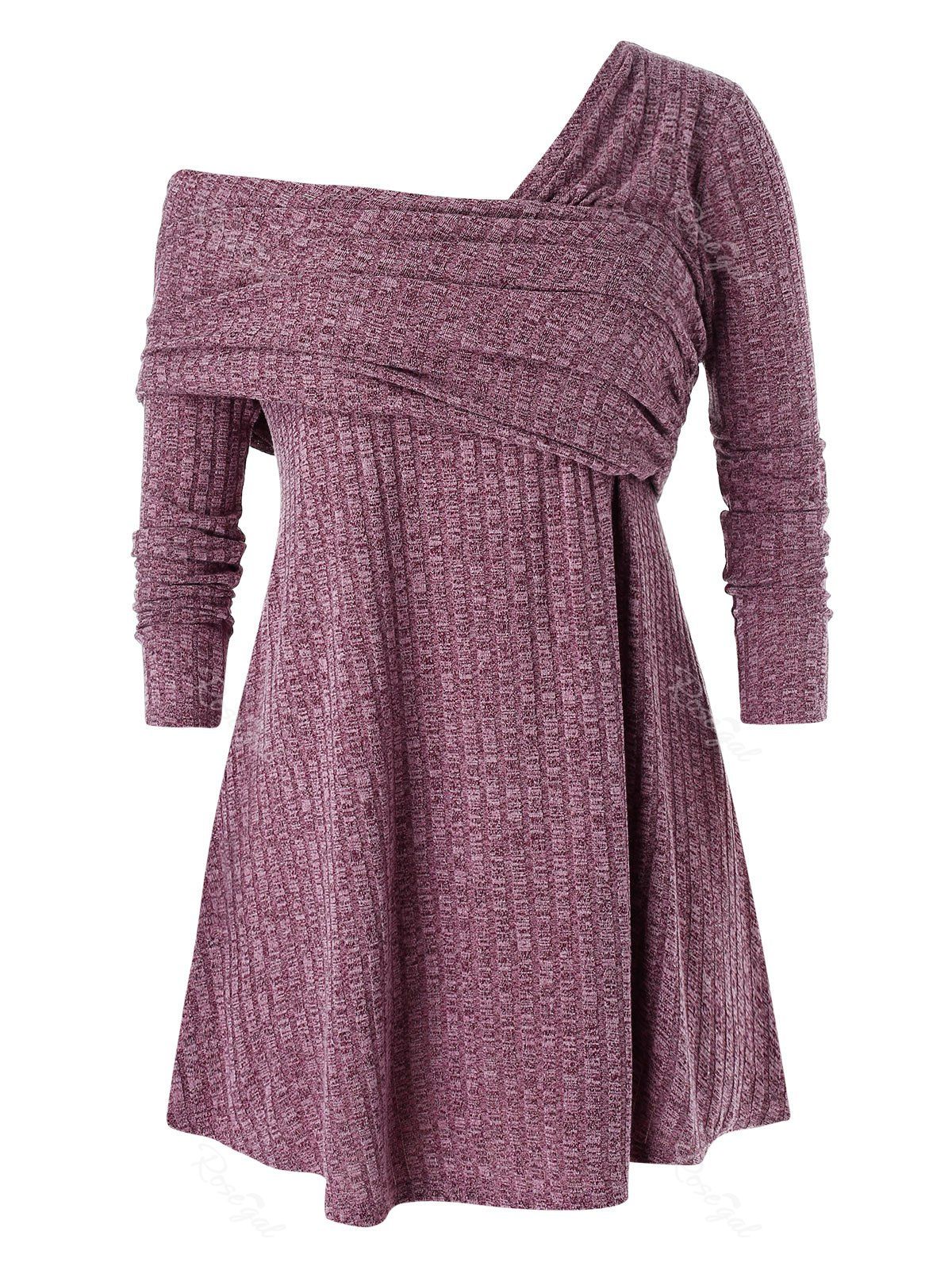 

Plus Size Crossover Space Dye Skew Neck Knitwear, Red wine