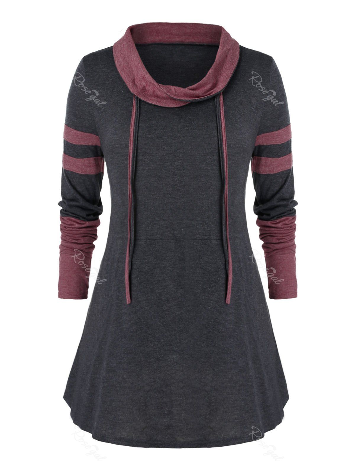 

Plus Size Two Tone Tunic Turn-dwon Collar T Shirt, Carbon gray