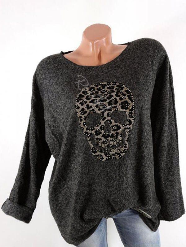 

Plus Size Halloween Batwing Sleeve Leopard Skull Knitwear, Gray