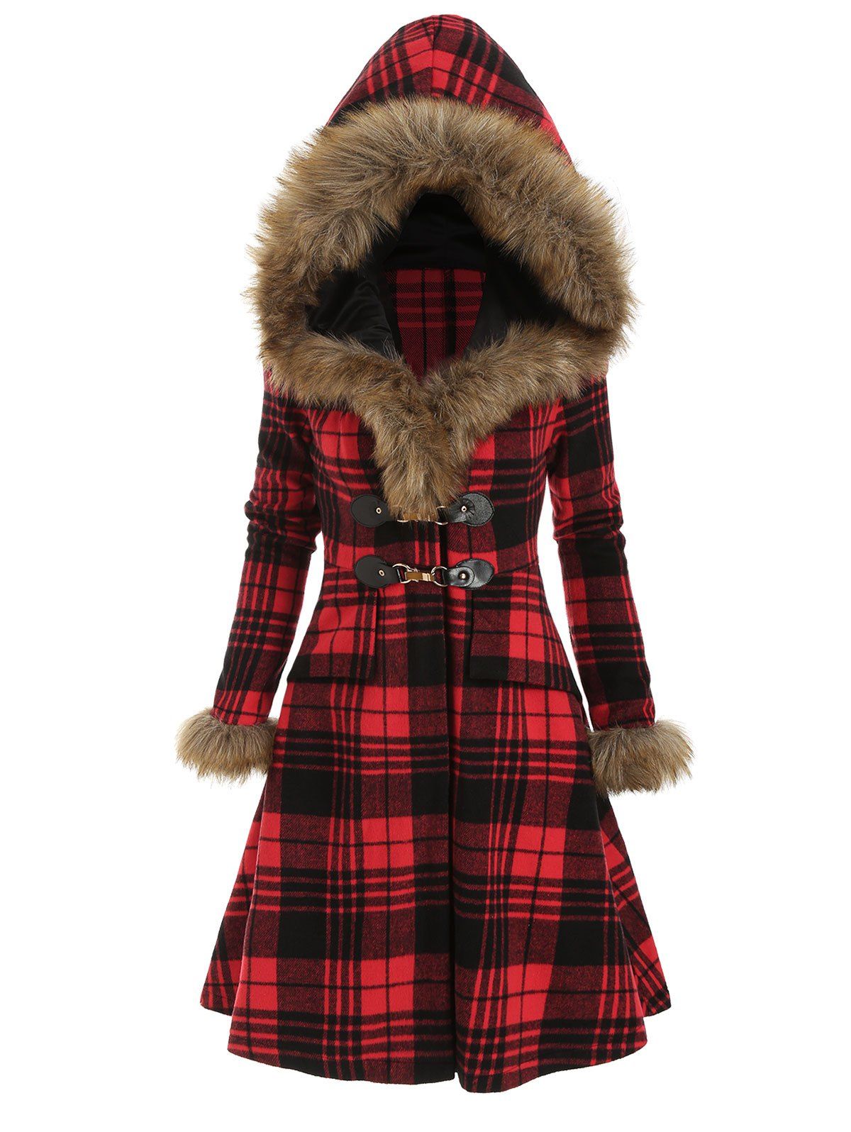 

Plaid Hooded Longline Coat, Red