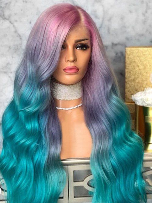 

Ombre Long Side Part Synthetic Wavy Wig, Medium turquoise