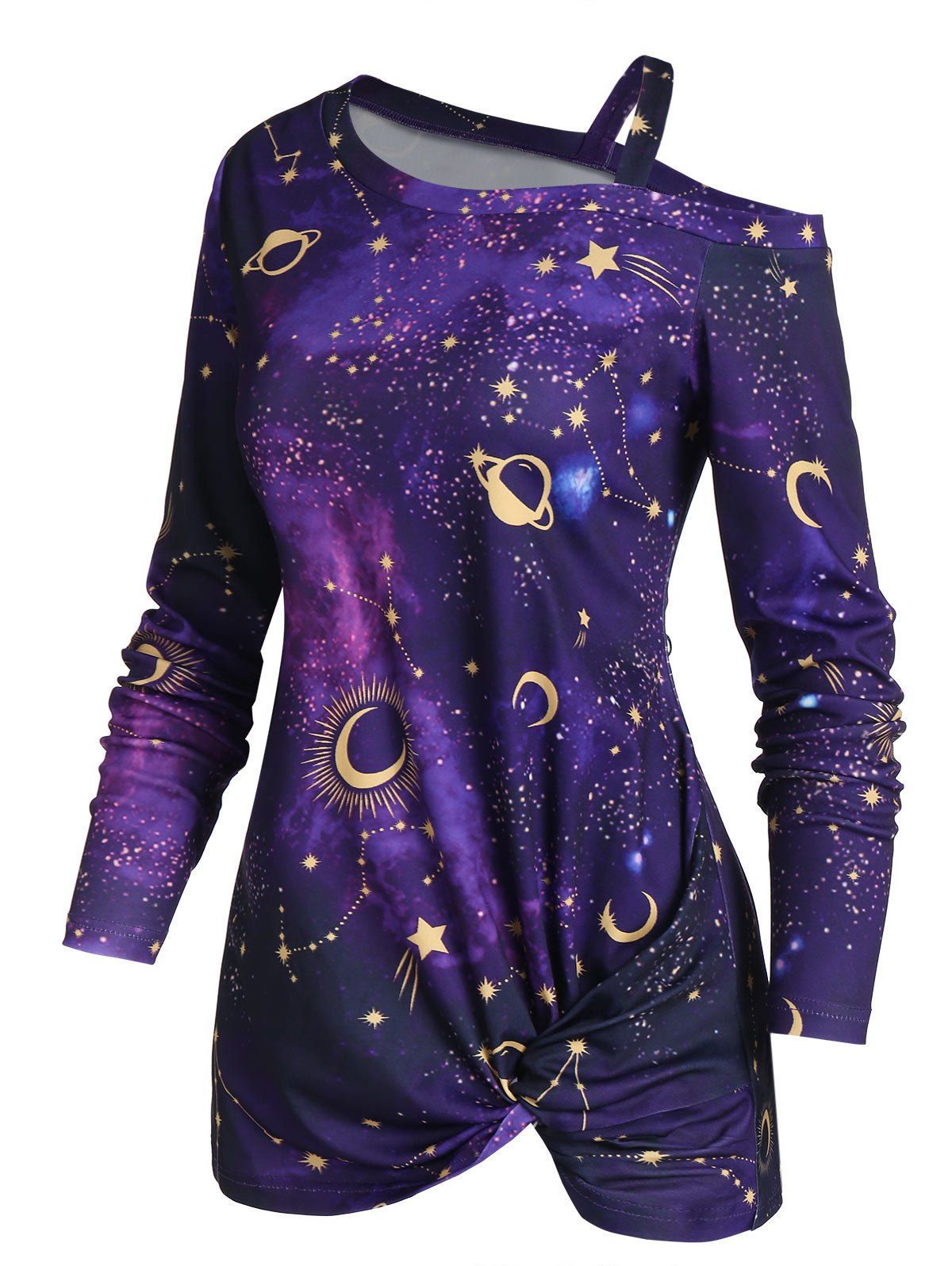 

Skew Neck Halloween Star Moon Printed Asymmetric Sweatshirt, Purple