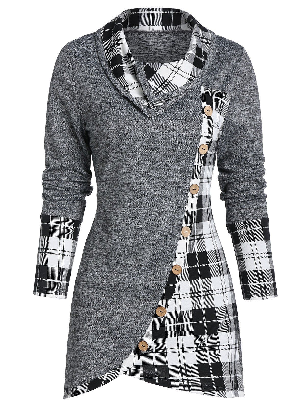 

Plaid Print Mock Button Overlap Tunic T-shirt, Ash gray