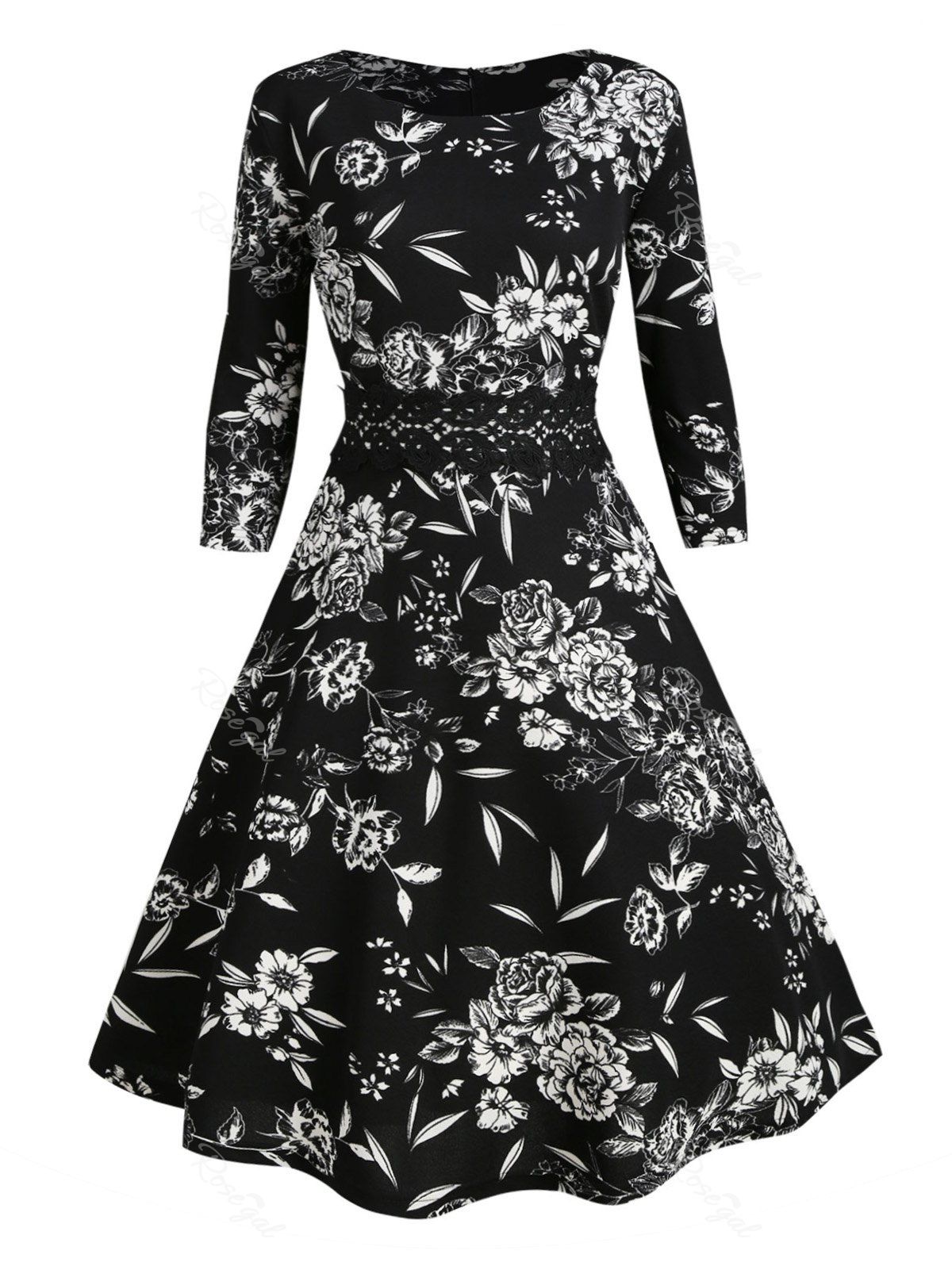 

Plus Size Floral Print Lace Panel Midi Vintage Dress, Black