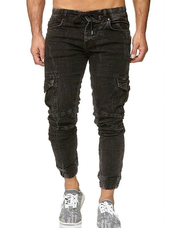 

Pocket Drawstring Decoration Jogger Jeans, Black