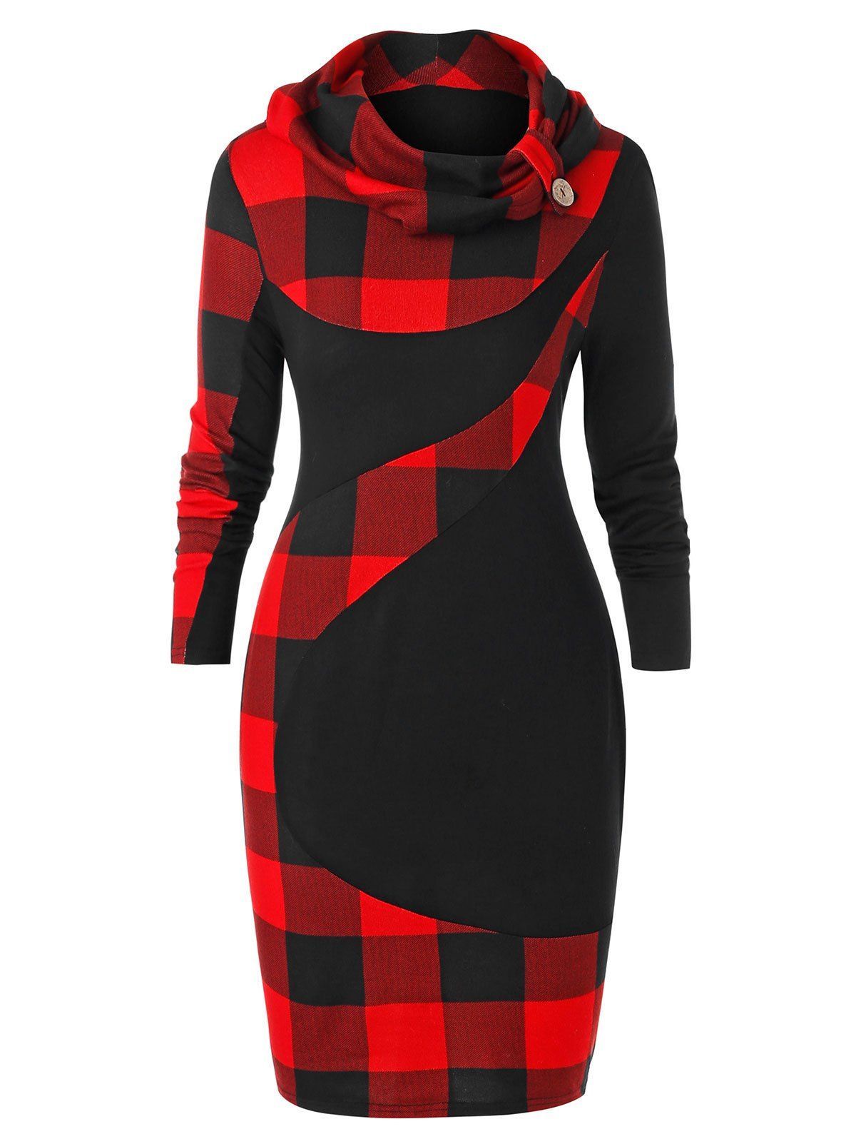 

Plus Size Cowl Neck Plaid Mini Bodycon Dress, Black