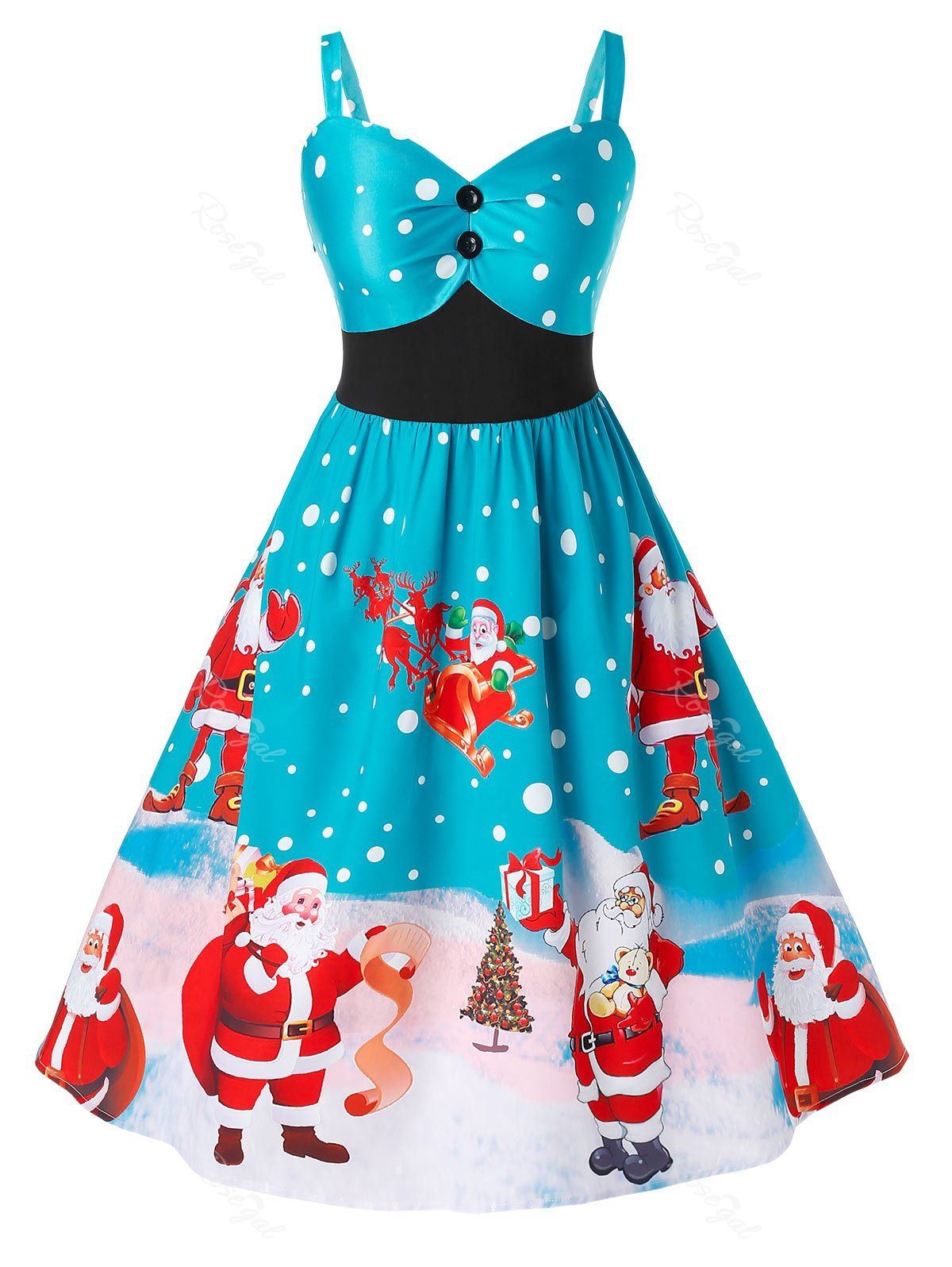 

Plus Size Christmas Santa Claus Print Vintage Party Dress, Silk blue
