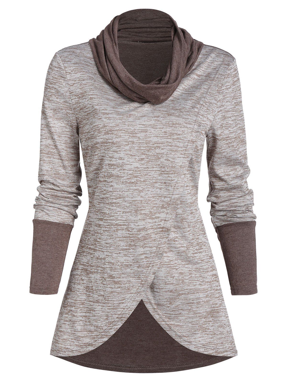 

Space Dye Print Cowl Neck Overlap T-shirt, Coffee
