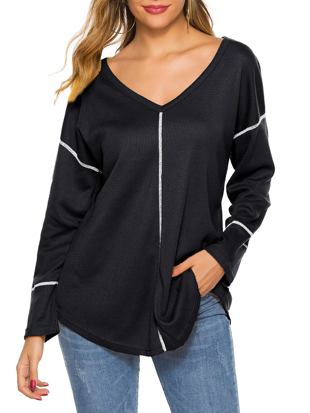 

Contrast Sewing V Neck Long Sleeve Knitwear, Black