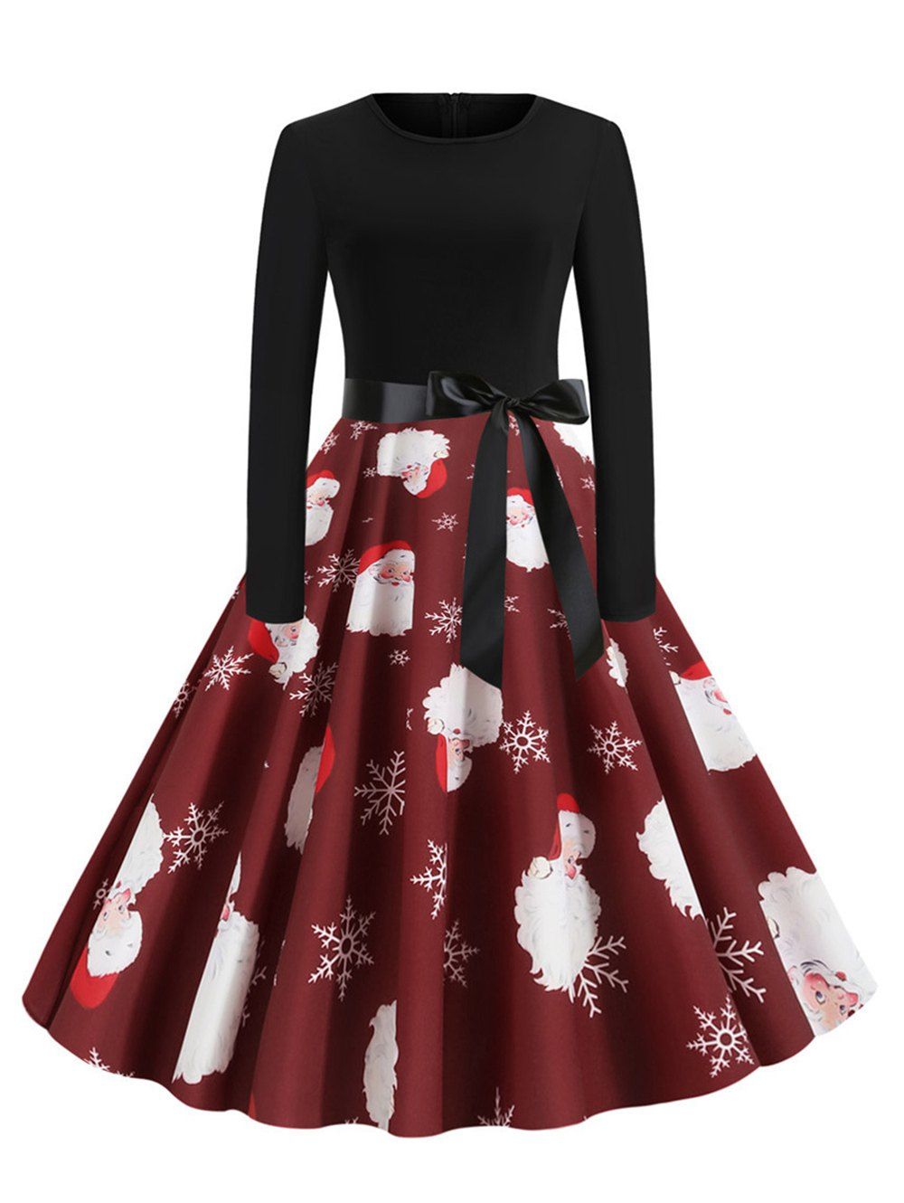 

Christmas Print Belted Midi Vintage Dress, Multi