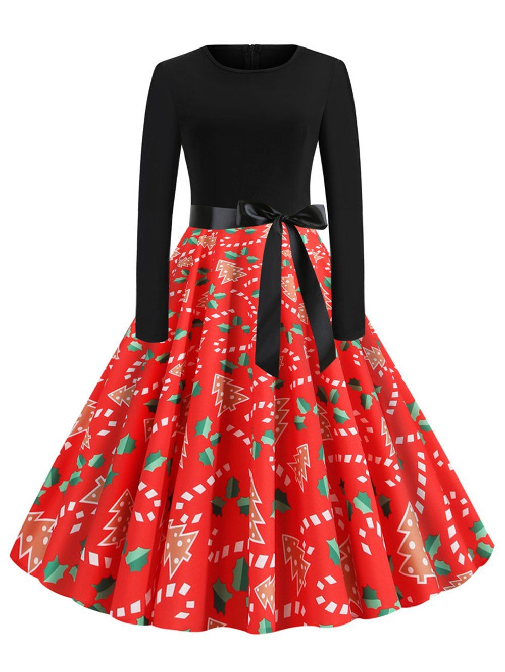 

Christmas Print Belted Midi Vintage Dress, Multi-c