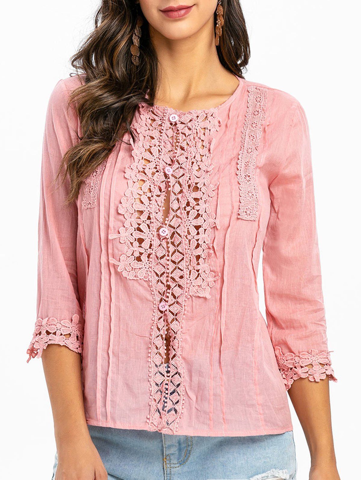 

Lace Panel Loop Button Three Quarter Sleeve Blouse, Pink