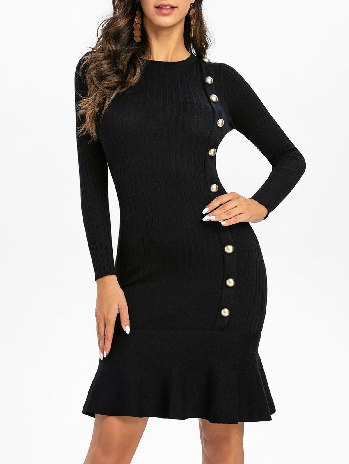 

Knitted Mock Button Mermaid Dress, Black