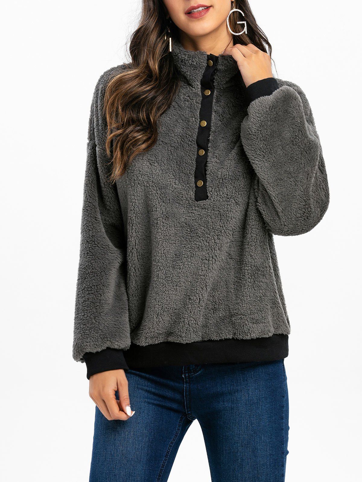 

Faux Fur Half Button Drop Shoulder Sweatshirt, Gray
