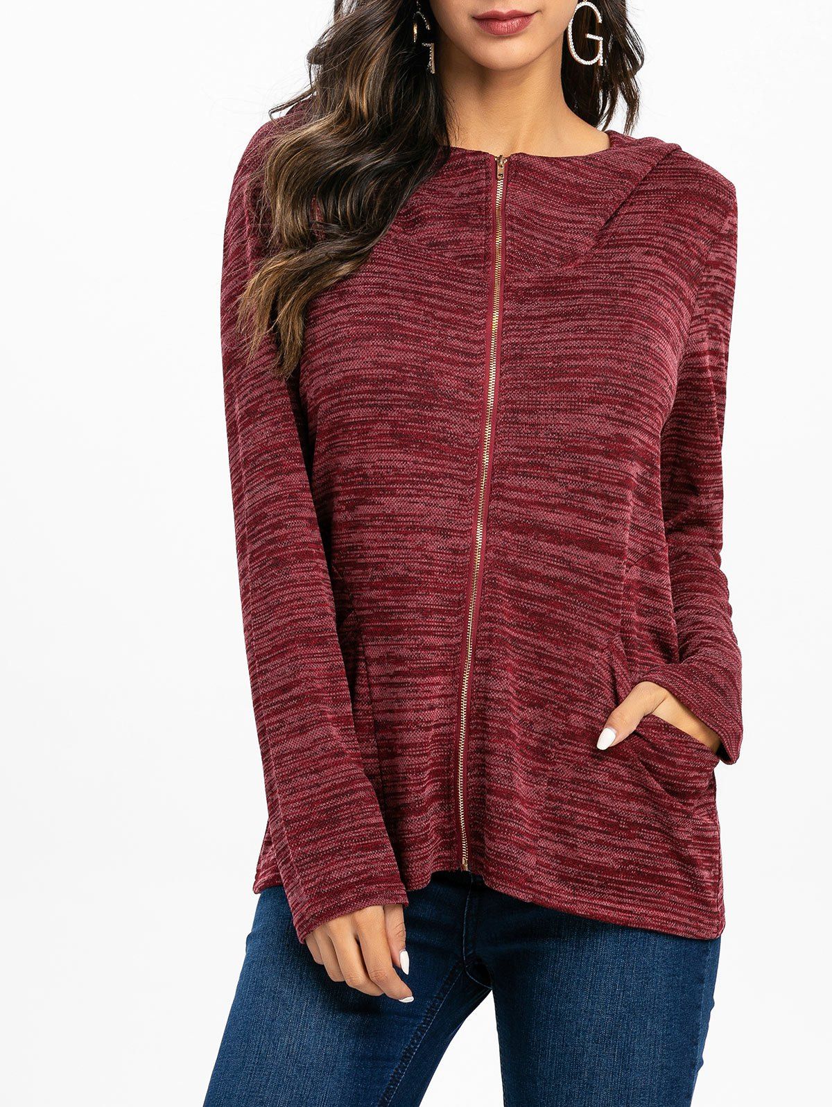 

Marble Knitted Hooded Jacket, Red wine