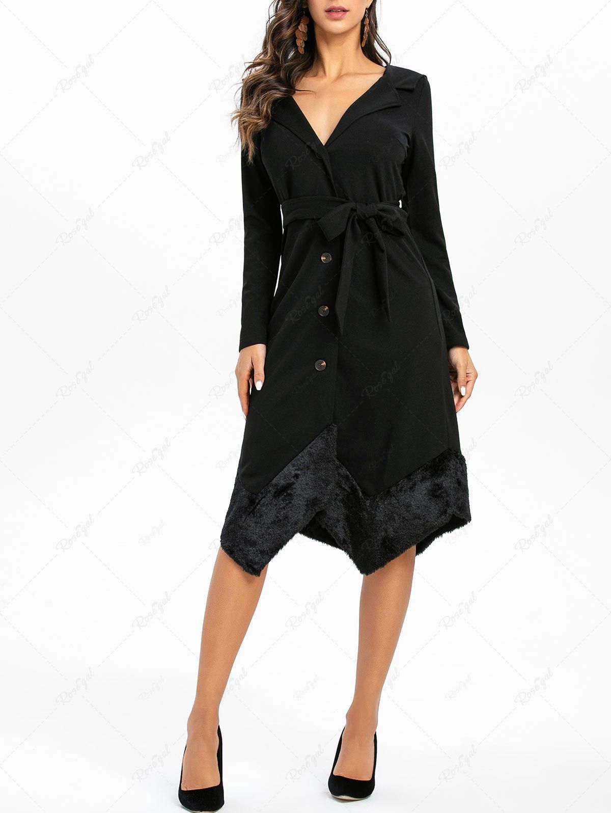 

Hooded Asymmetric Faux Fur Panel Coat, Black