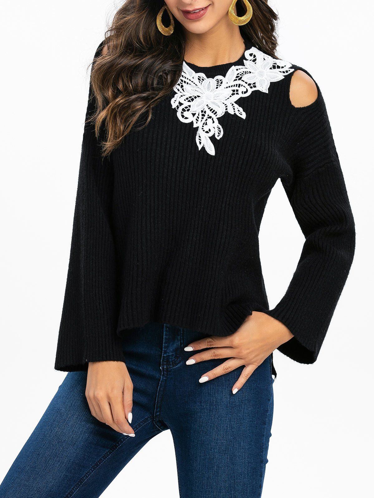 

Open Shoulder Guipure Panel Slit Sweater, Black