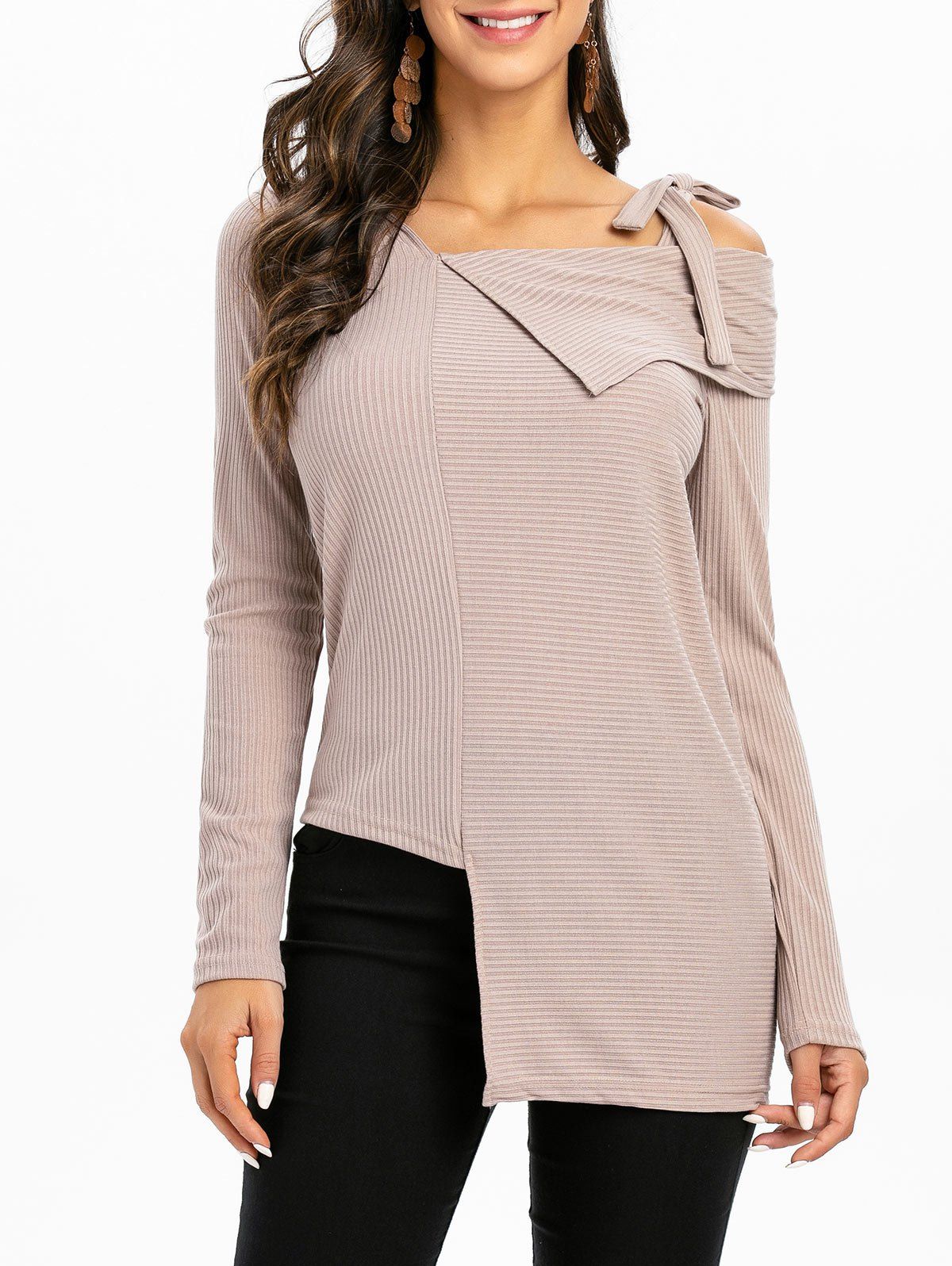 

Skew Neck Tied Asymmetric Long Sleeves Knitwear, Light khaki