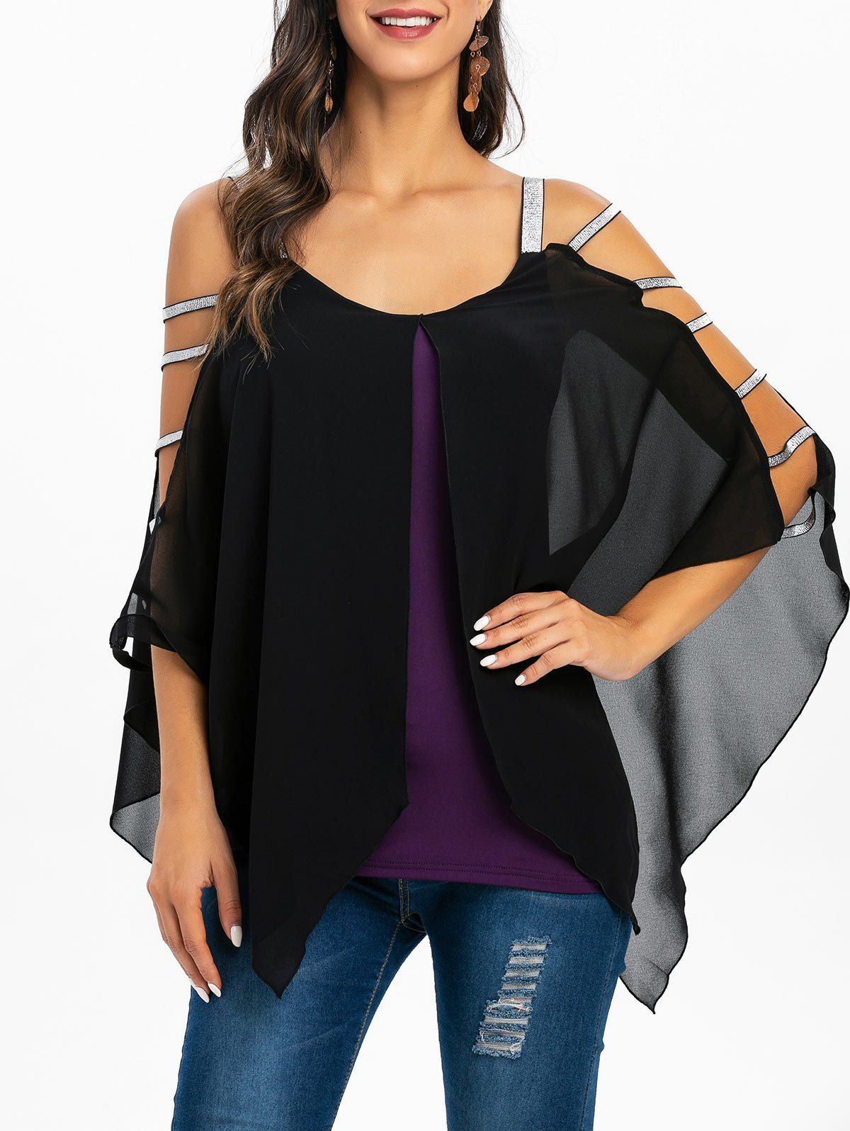 

Layered Sweetheart Neck Asymmetric T Shirt, Black