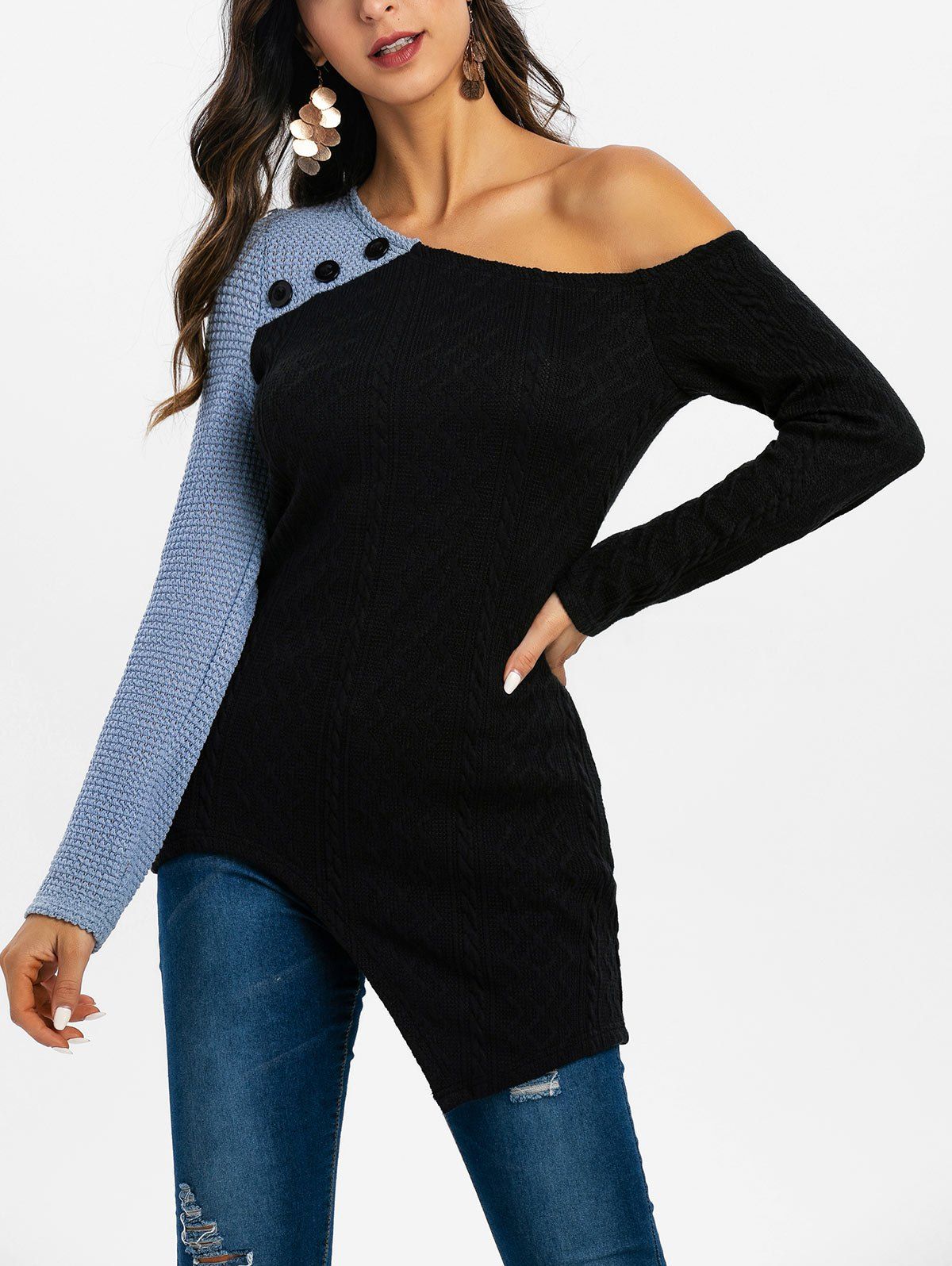

Colorblock Skew Collar Long Sleeve Sweater, Black