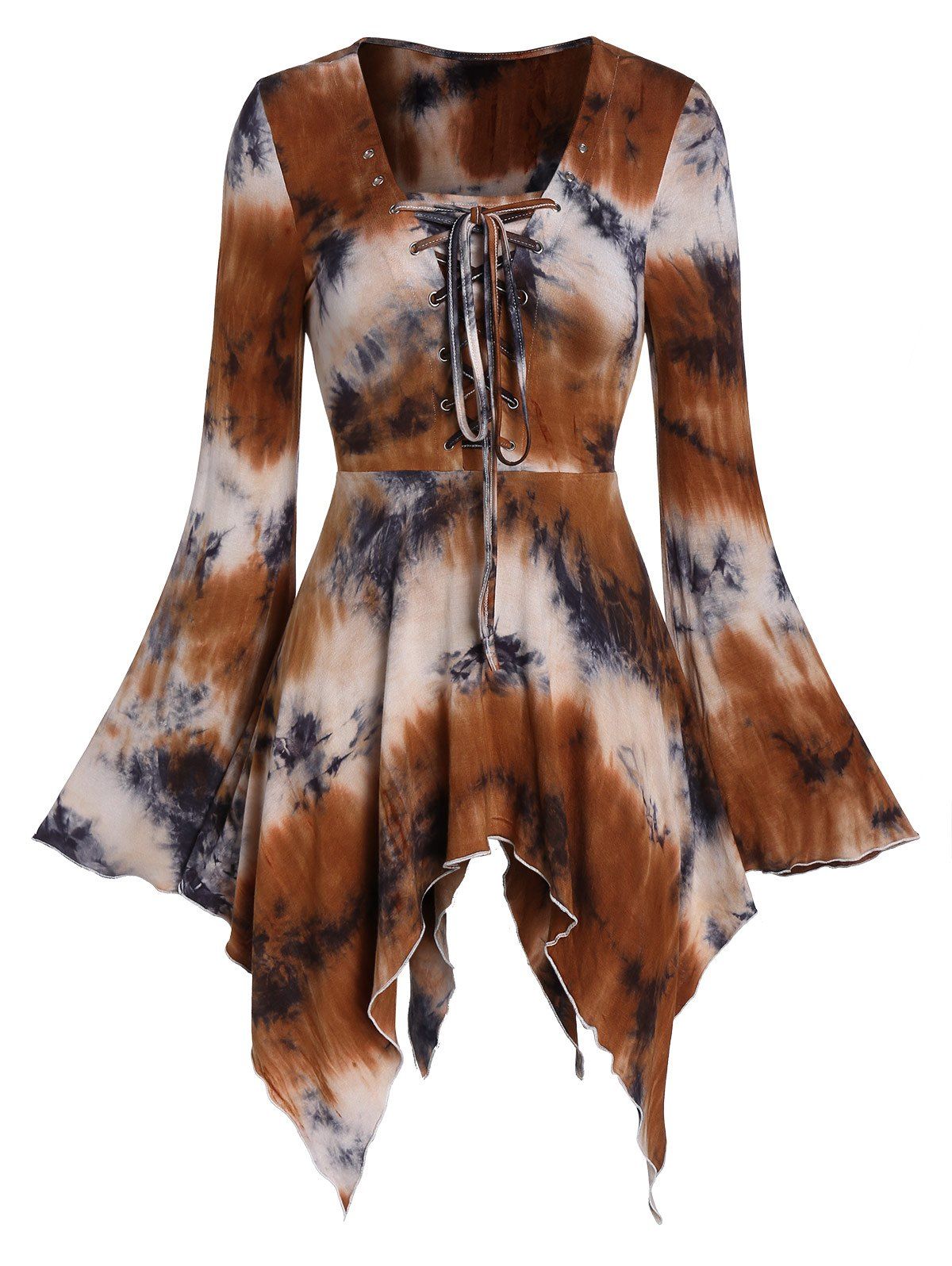 

Halloween Bell Sleeve Tie Dye Lace Up Gothic T Shirt, Dark slate blue