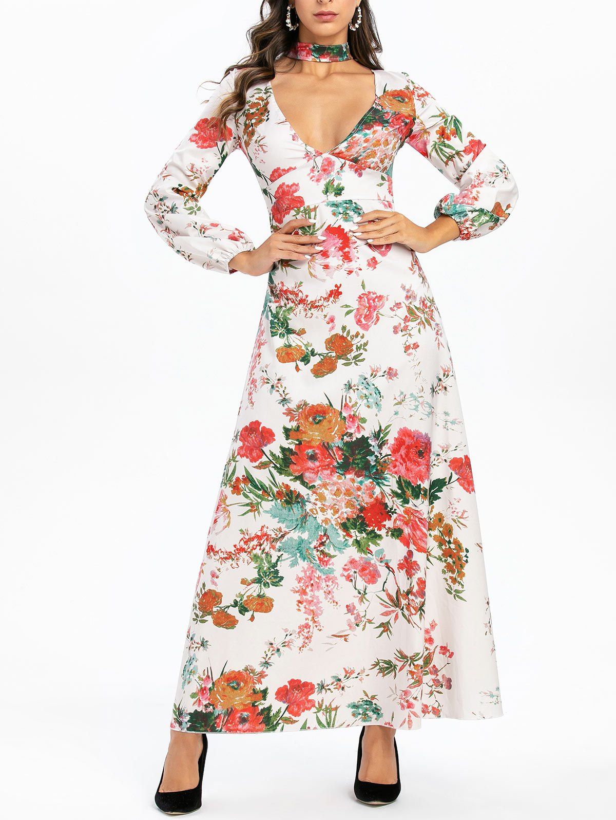 Affordable Floral Choker Floor Length Dress  